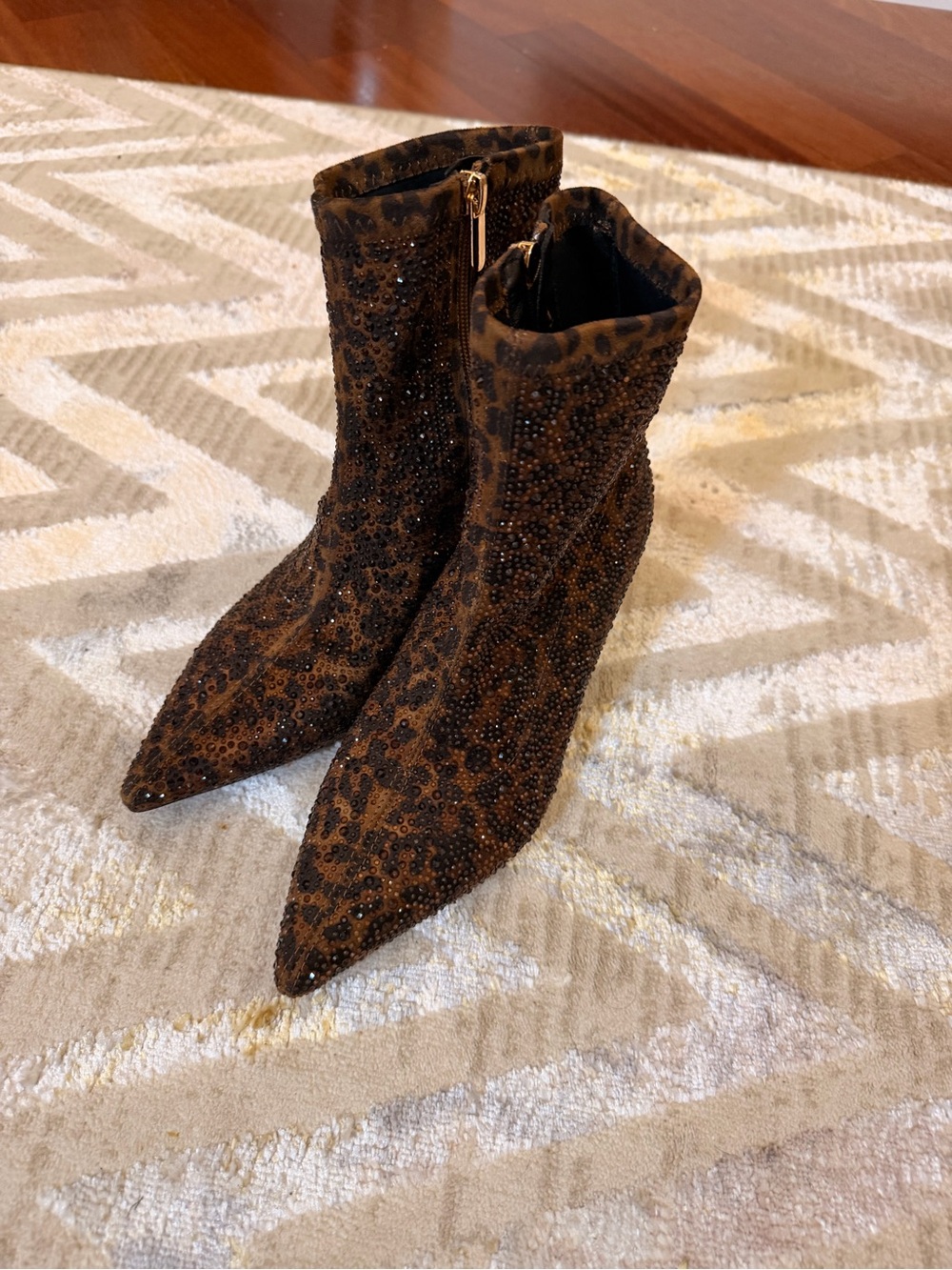 Leopard Print Sequin Pointed Ankle Boots - Brown
